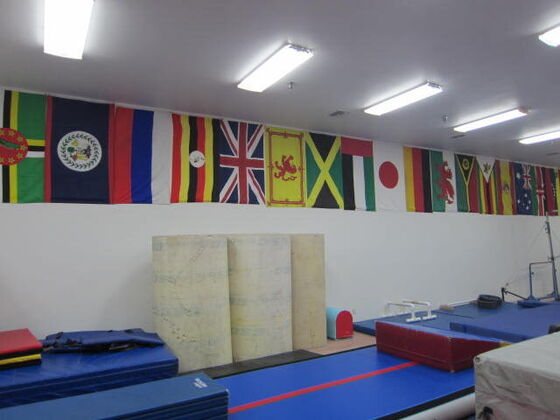 Flags of the world along the gym wall