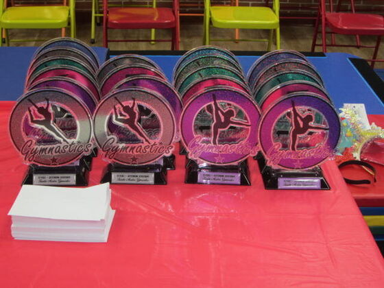 Competition trophies lined up for the winners